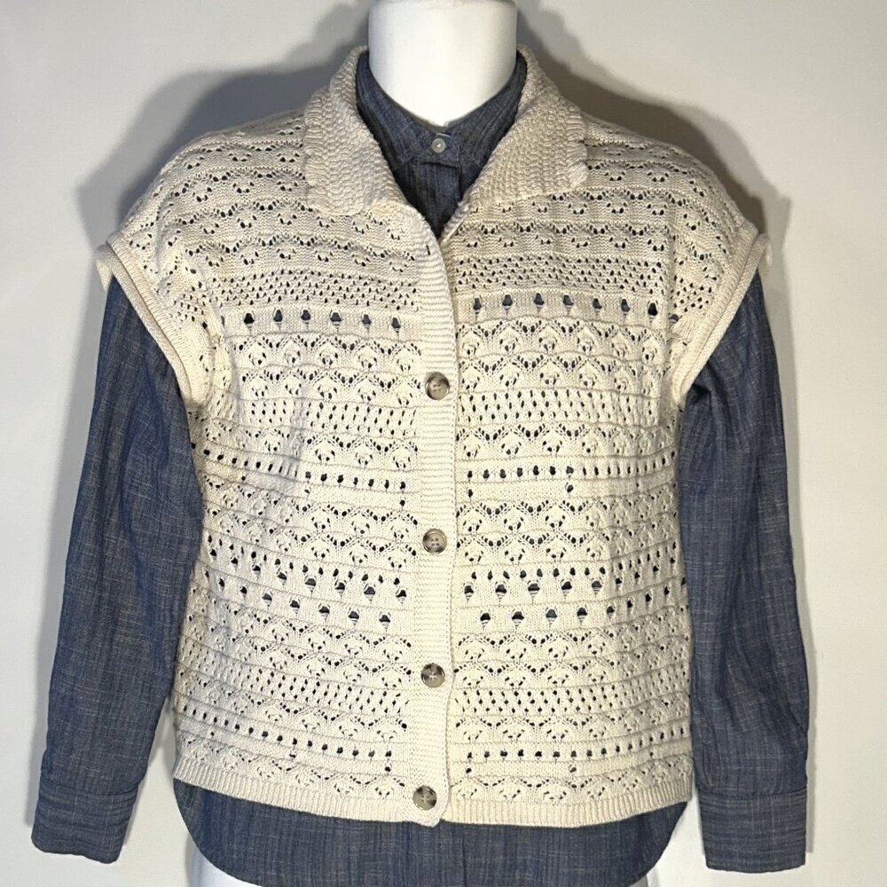 Jessica Simpson SZ L Natural crochet button front sleeveless cottage prairie 60